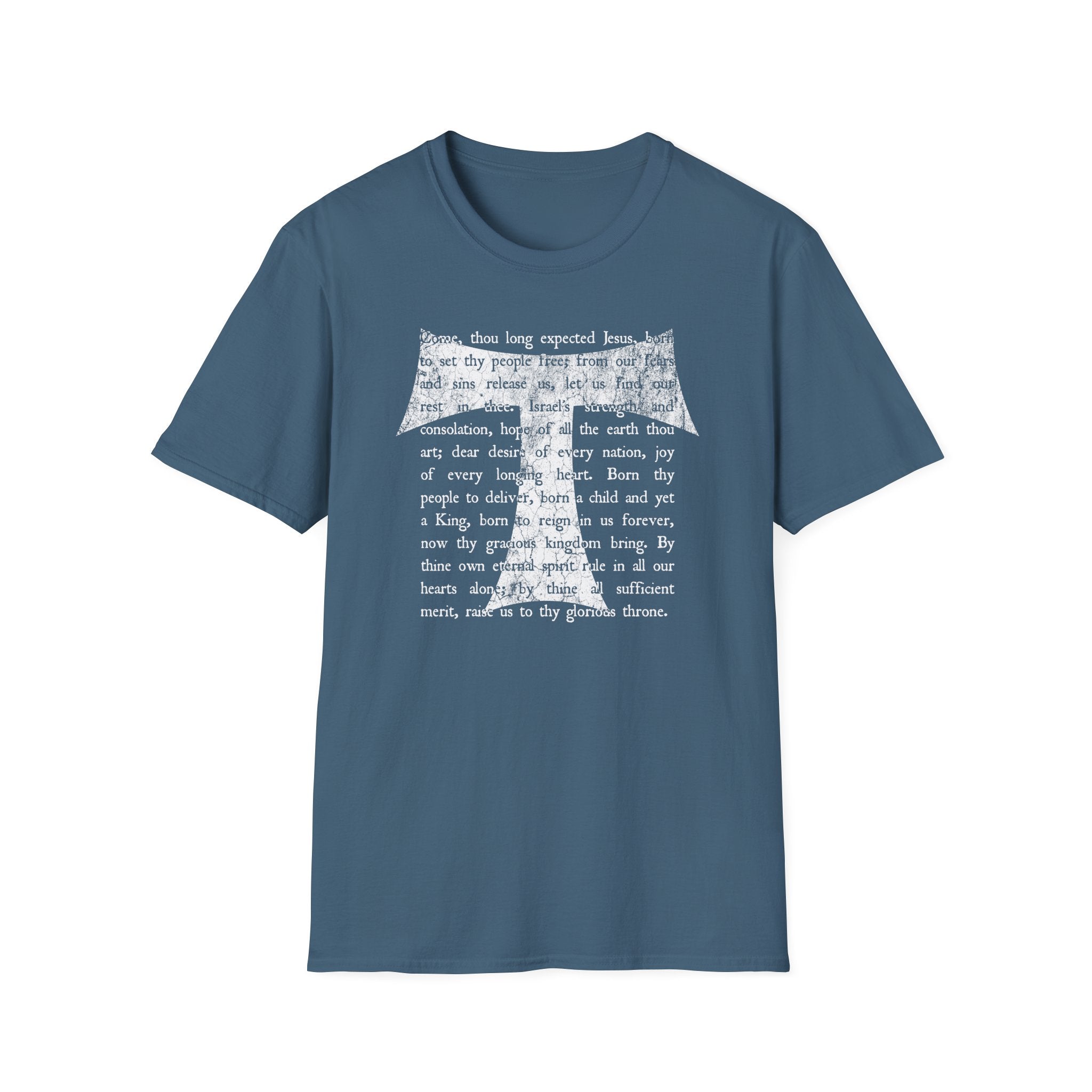 Christian Cross Text T-Shirt — ‘O Come, Thou Long Expected Jesus’ Hymn Print