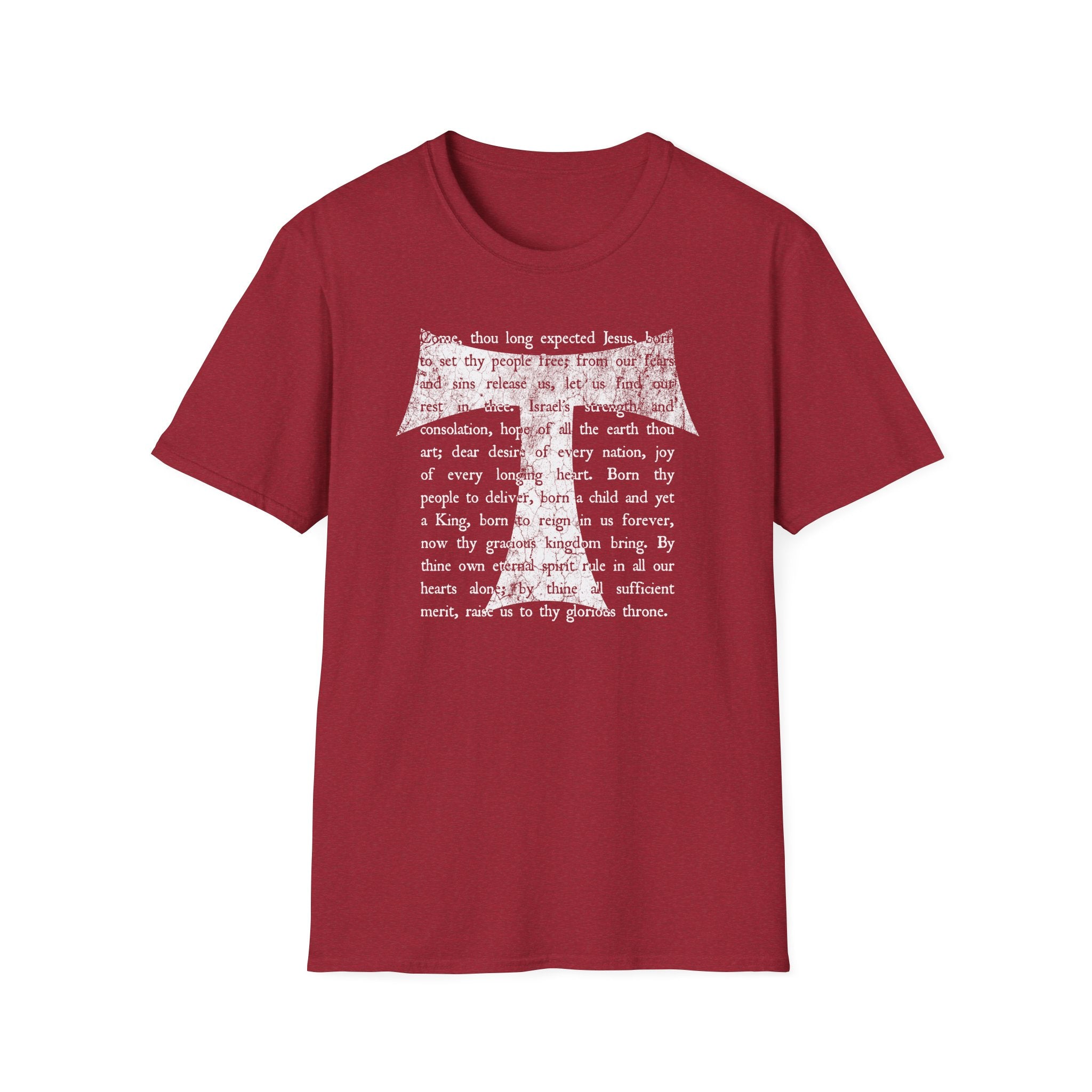 Christian Cross Text T-Shirt — ‘O Come, Thou Long Expected Jesus’ Hymn Print