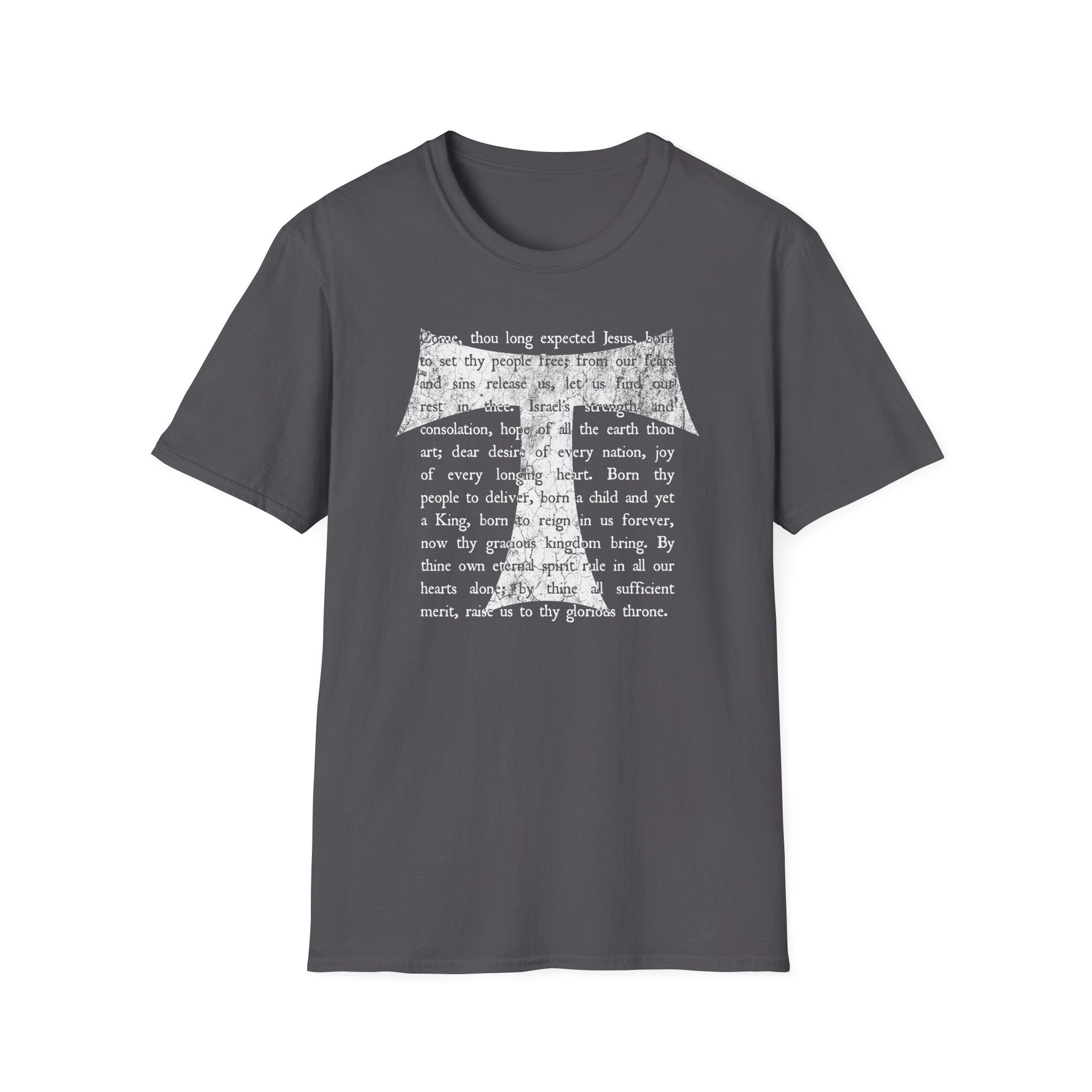Christian Cross Text T-Shirt — ‘O Come, Thou Long Expected Jesus’ Hymn Print