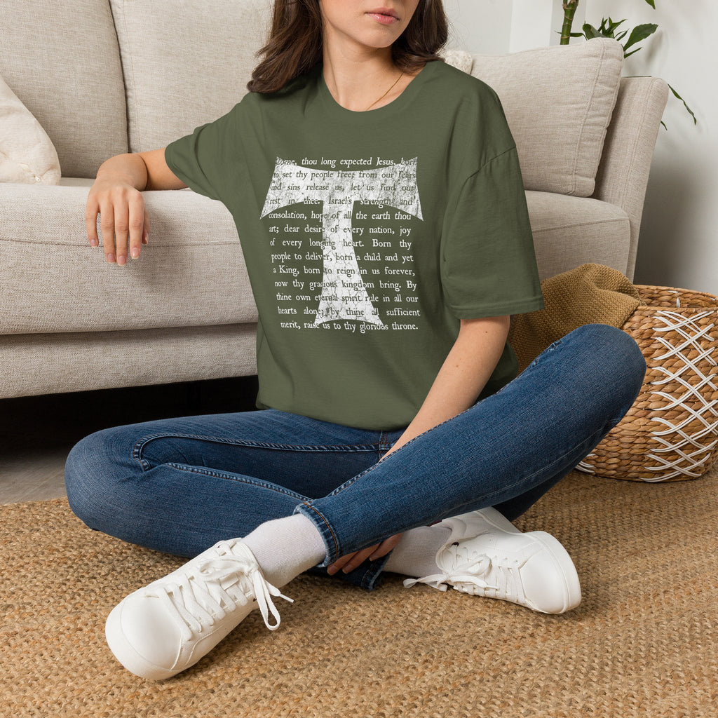 Christian Cross Text T-Shirt — ‘O Come, Thou Long Expected Jesus’ Hymn Print