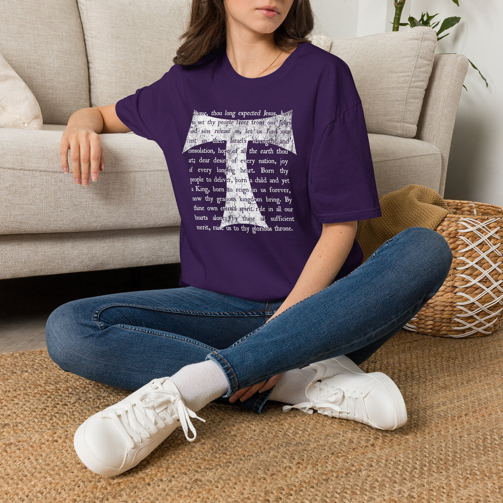 Christian Cross Text T-Shirt — ‘O Come, Thou Long Expected Jesus’ Hymn Print