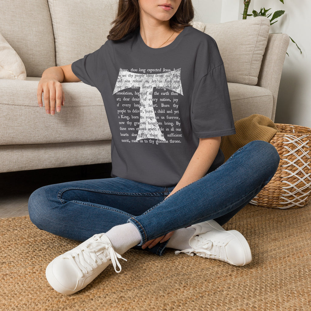 Christian Cross Text T-Shirt — ‘O Come, Thou Long Expected Jesus’ Hymn Print