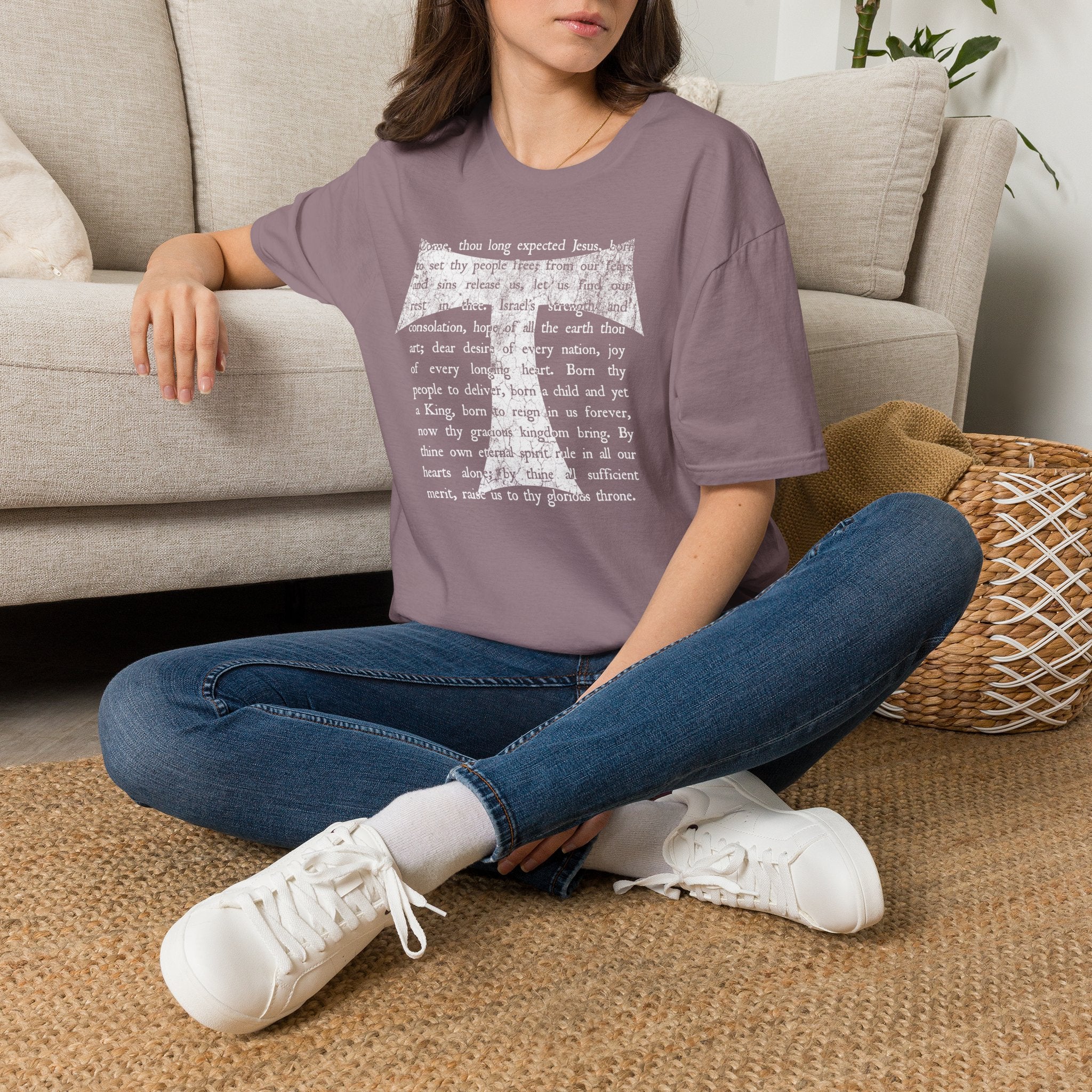 Christian Cross Text T-Shirt — ‘O Come, Thou Long Expected Jesus’ Hymn Print