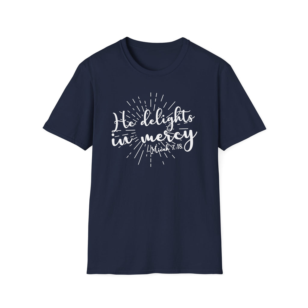 He Delights in Mercy T-Shirt — Micah 7:18 Christian Scripture Tee