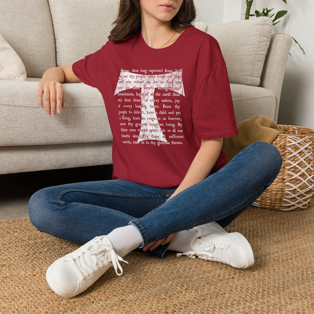 Christian Cross Text T-Shirt — ‘O Come, Thou Long Expected Jesus’ Hymn Print