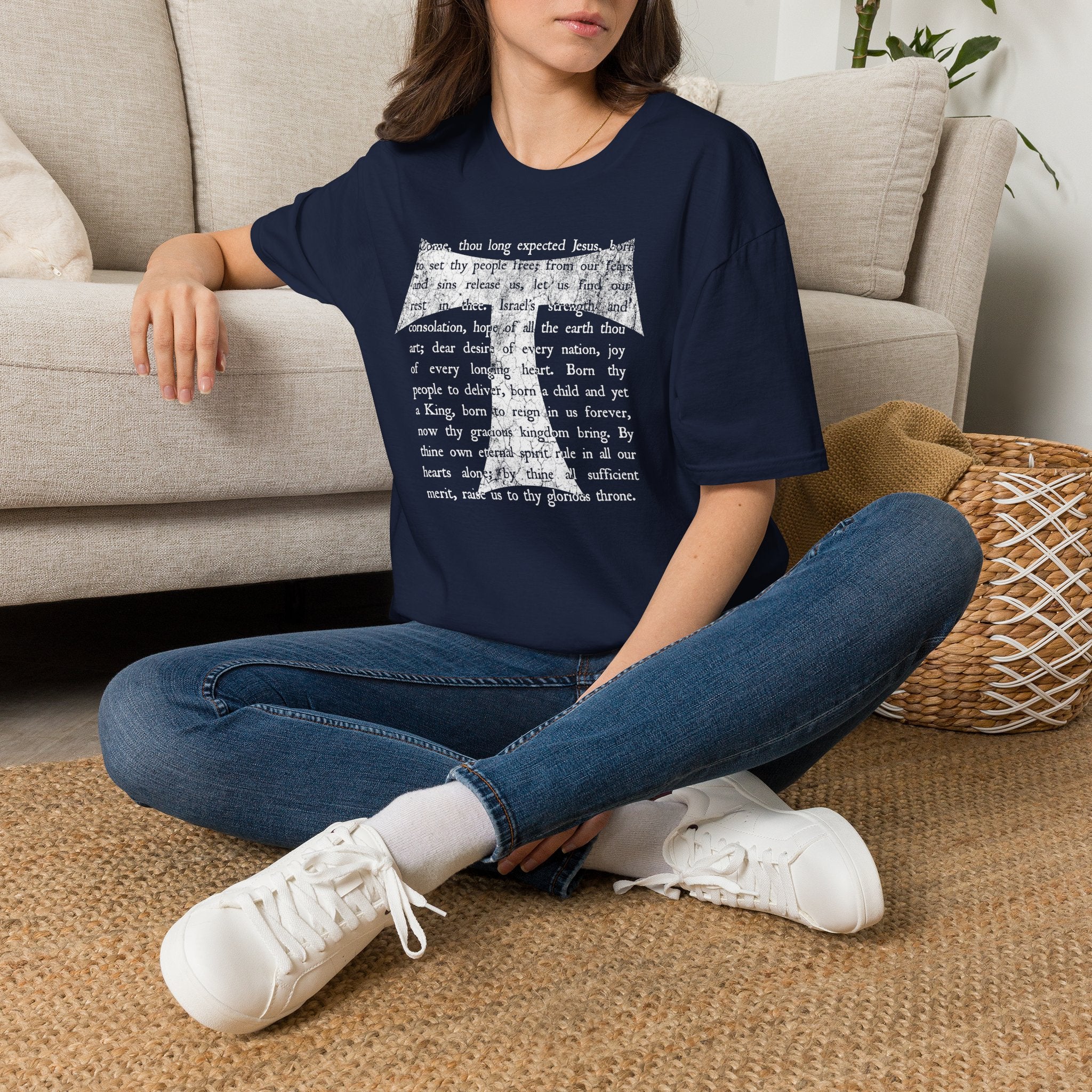 Christian Cross Text T-Shirt — ‘O Come, Thou Long Expected Jesus’ Hymn Print