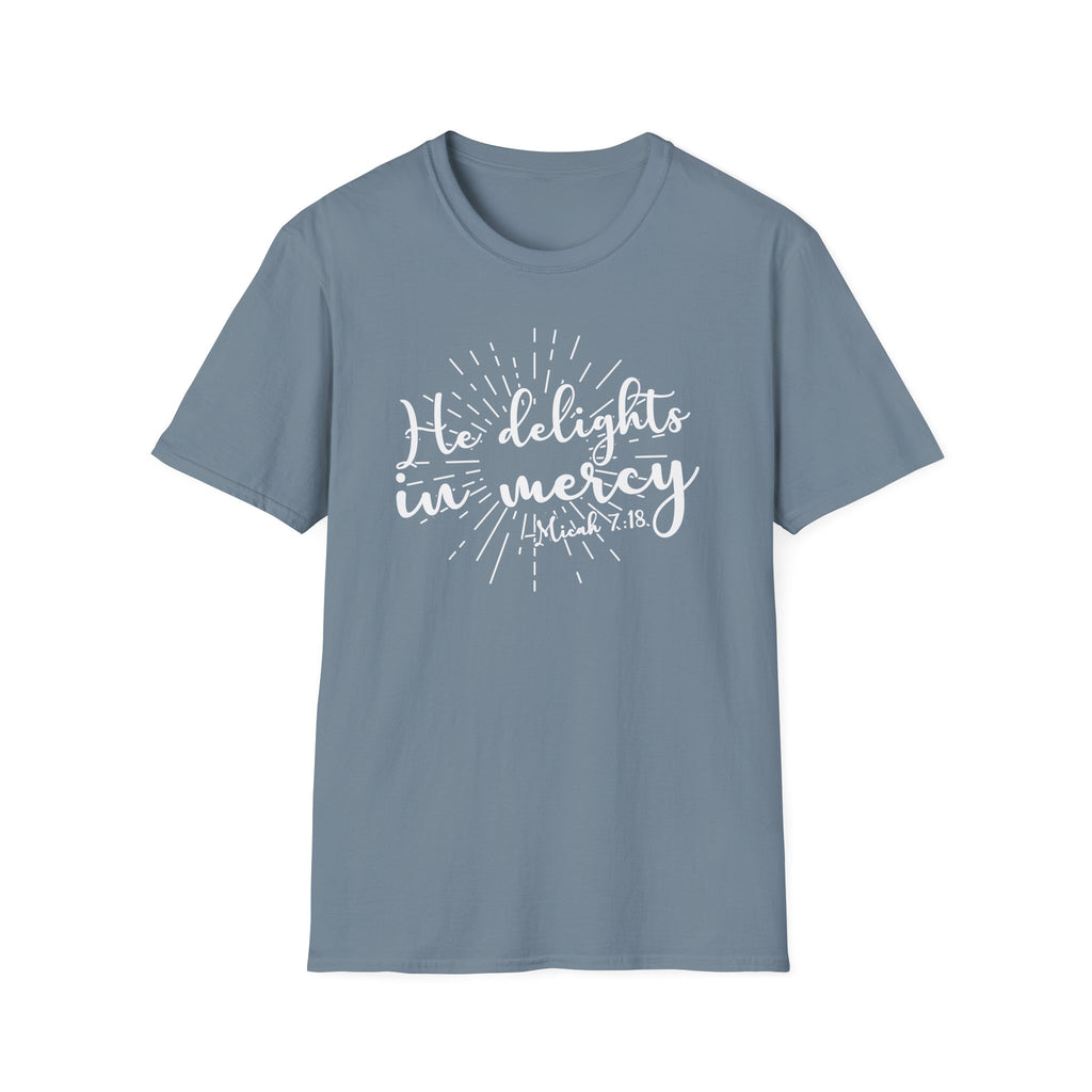 He Delights in Mercy T-Shirt — Micah 7:18 Christian Scripture Tee