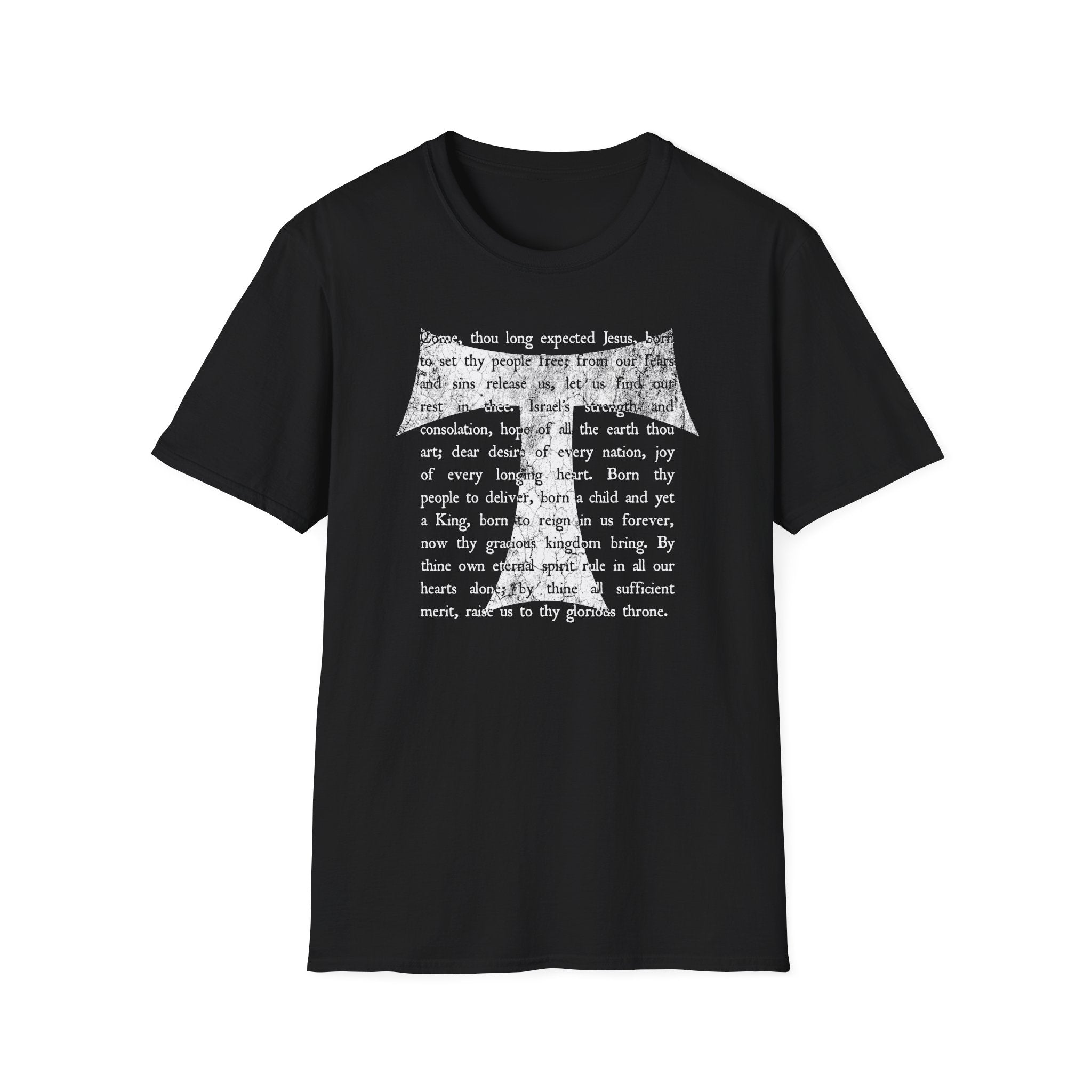 Christian Cross Text T-Shirt — ‘O Come, Thou Long Expected Jesus’ Hymn Print