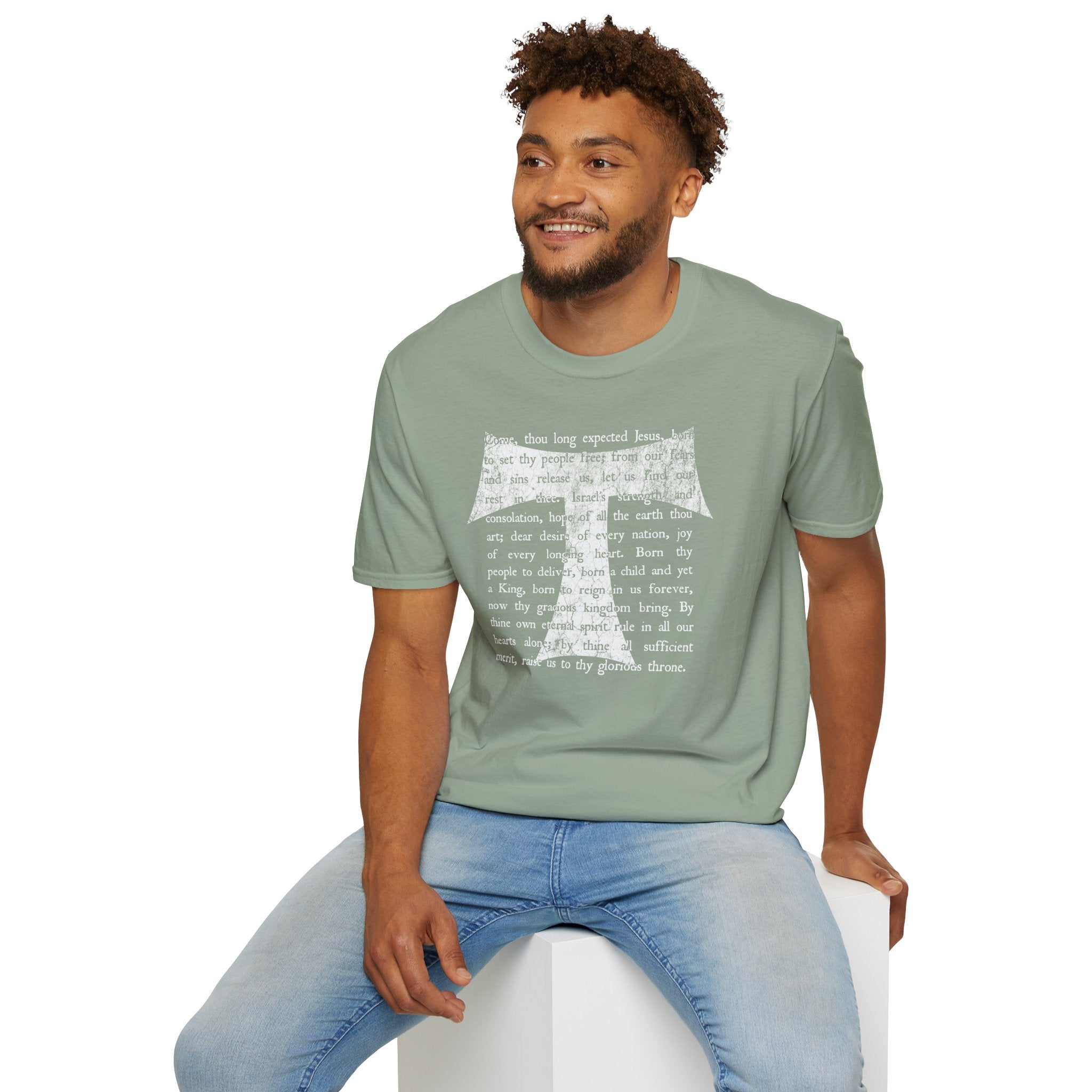 Christian Cross Text T-Shirt — ‘O Come, Thou Long Expected Jesus’ Hymn Print
