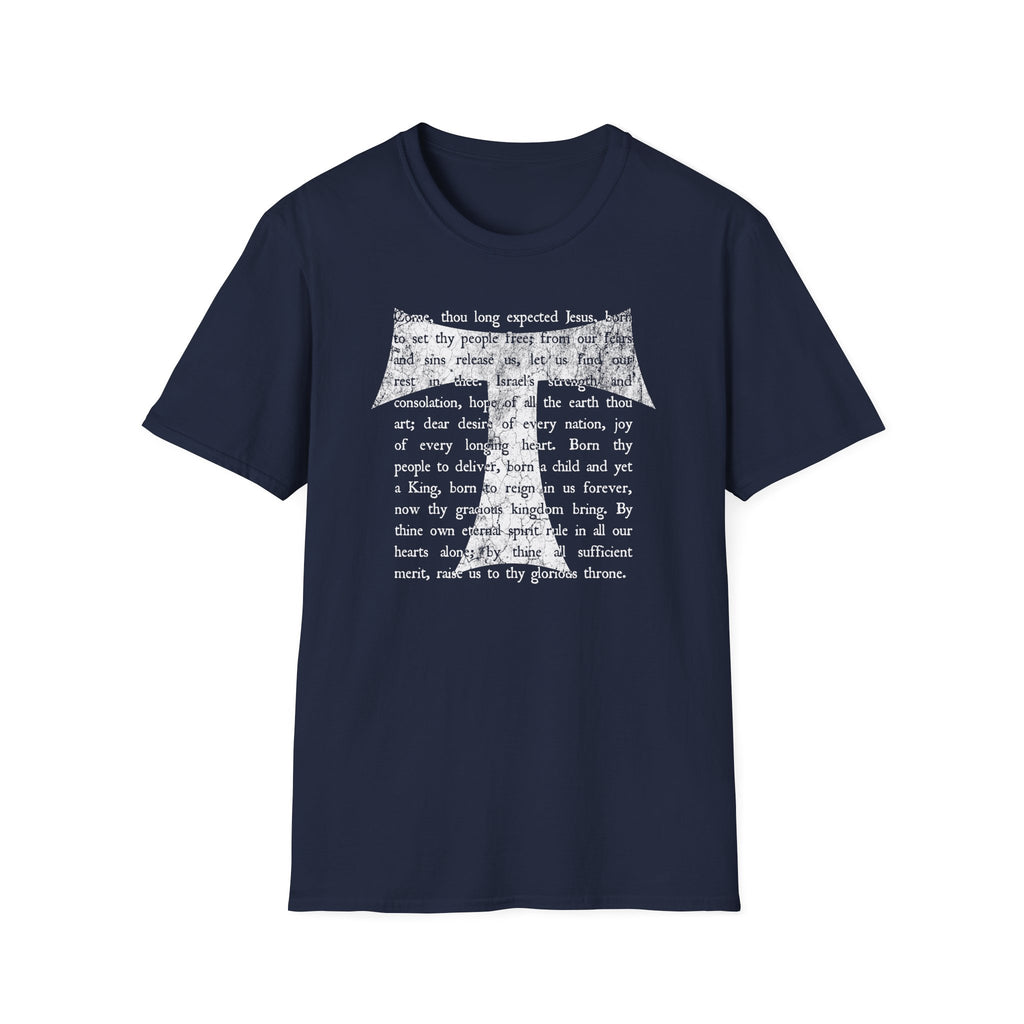 Christian Cross Text T-Shirt — ‘O Come, Thou Long Expected Jesus’ Hymn Print