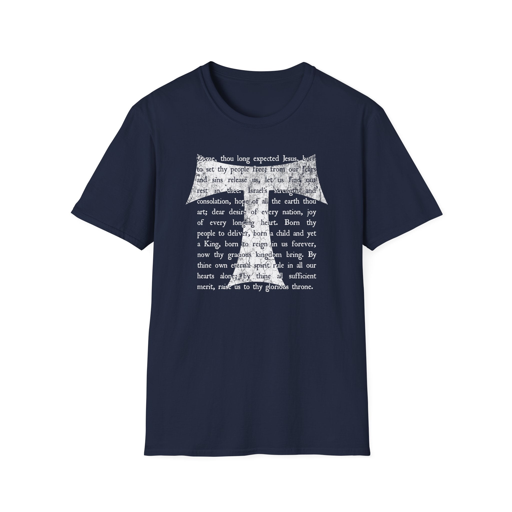 Christian Cross Text T-Shirt — ‘O Come, Thou Long Expected Jesus’ Hymn Print