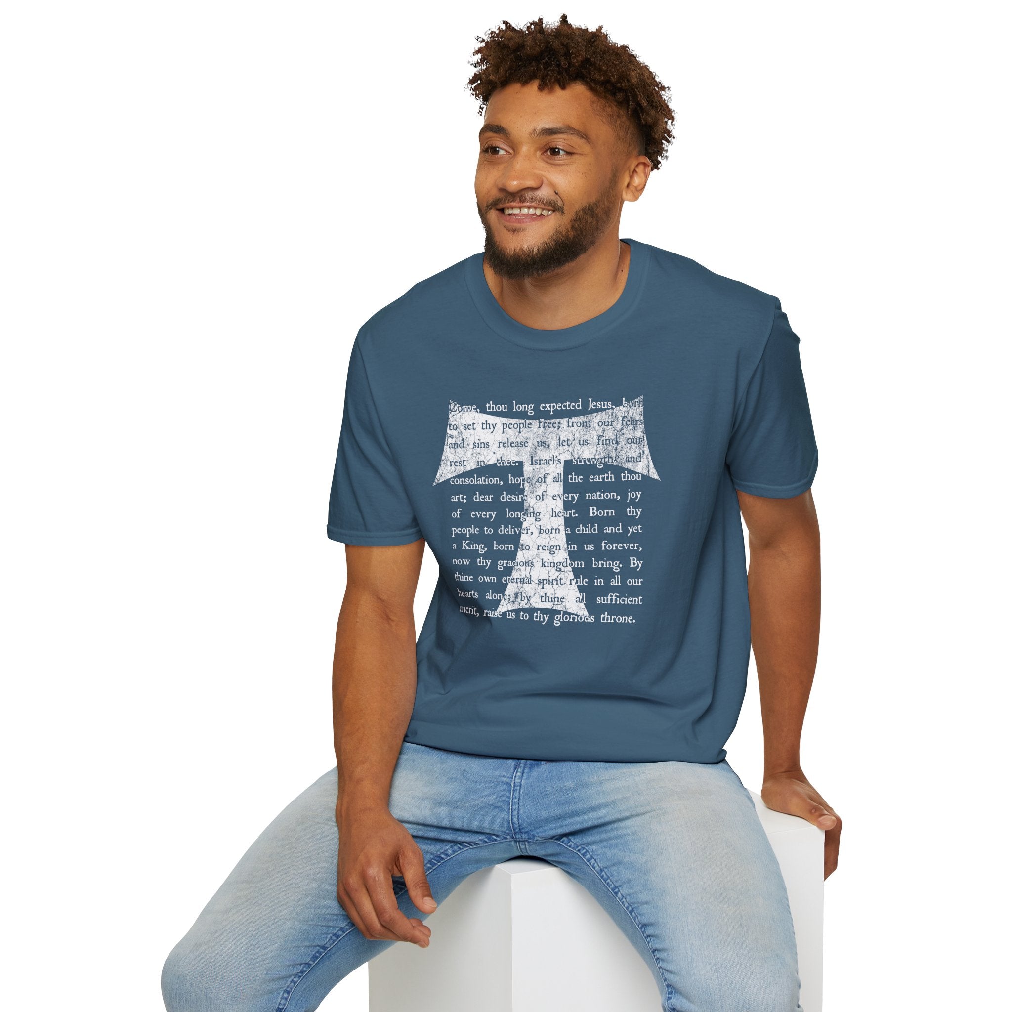 Christian Cross Text T-Shirt — ‘O Come, Thou Long Expected Jesus’ Hymn Print