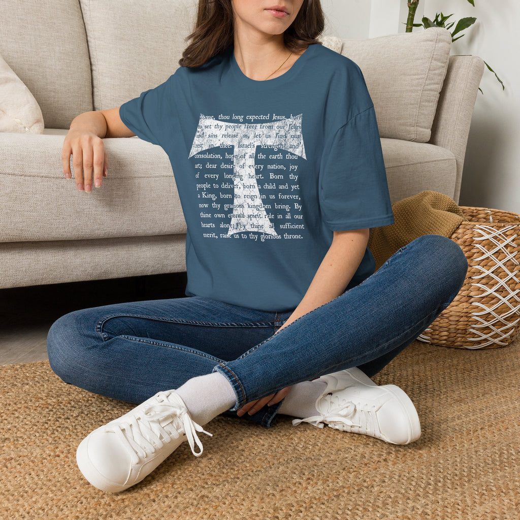 Christian Cross Text T-Shirt — ‘O Come, Thou Long Expected Jesus’ Hymn Print