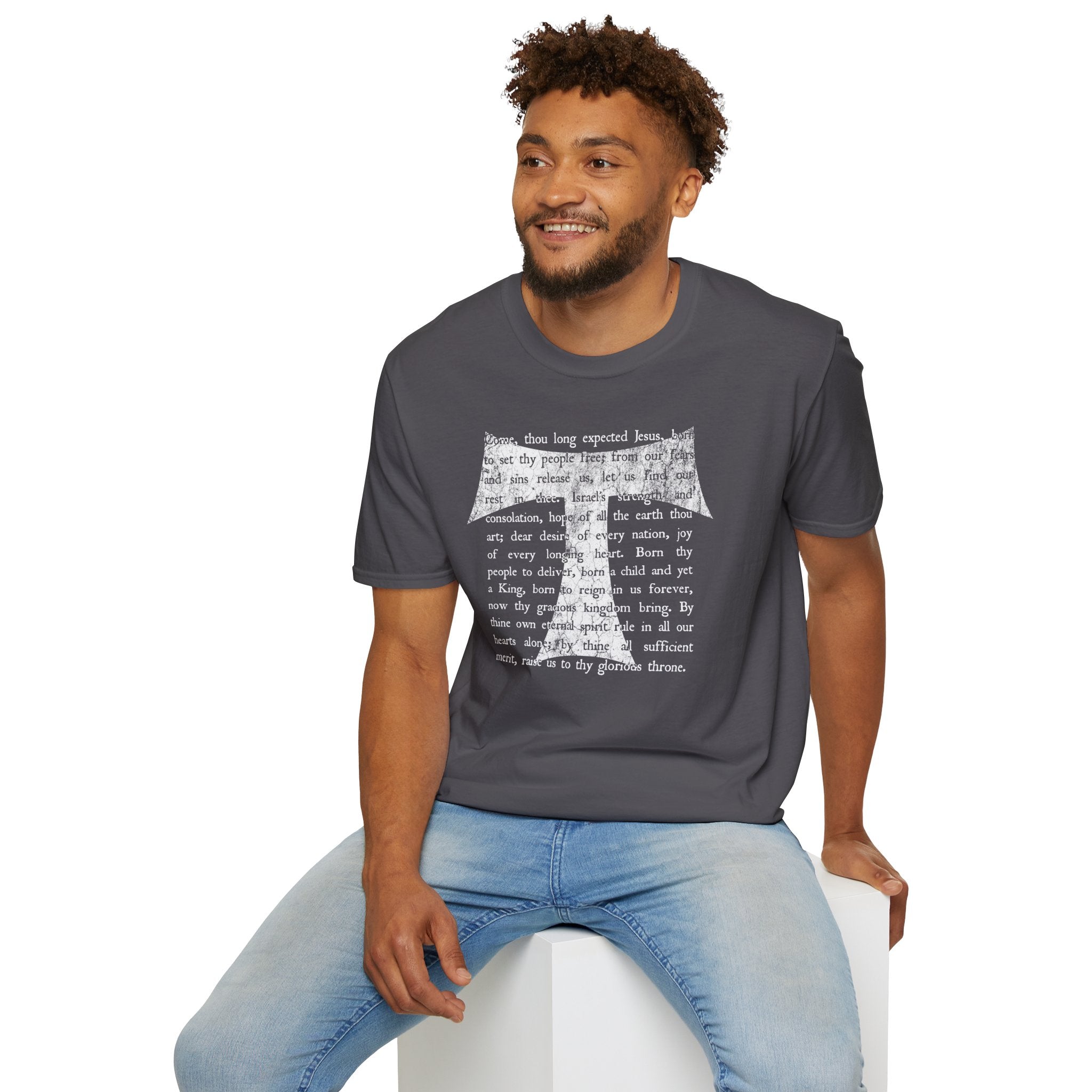 Christian Cross Text T-Shirt — ‘O Come, Thou Long Expected Jesus’ Hymn Print