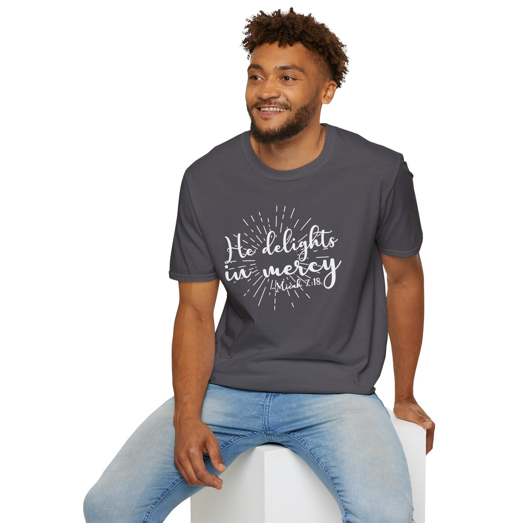 He Delights in Mercy T-Shirt — Micah 7:18 Christian Scripture Tee