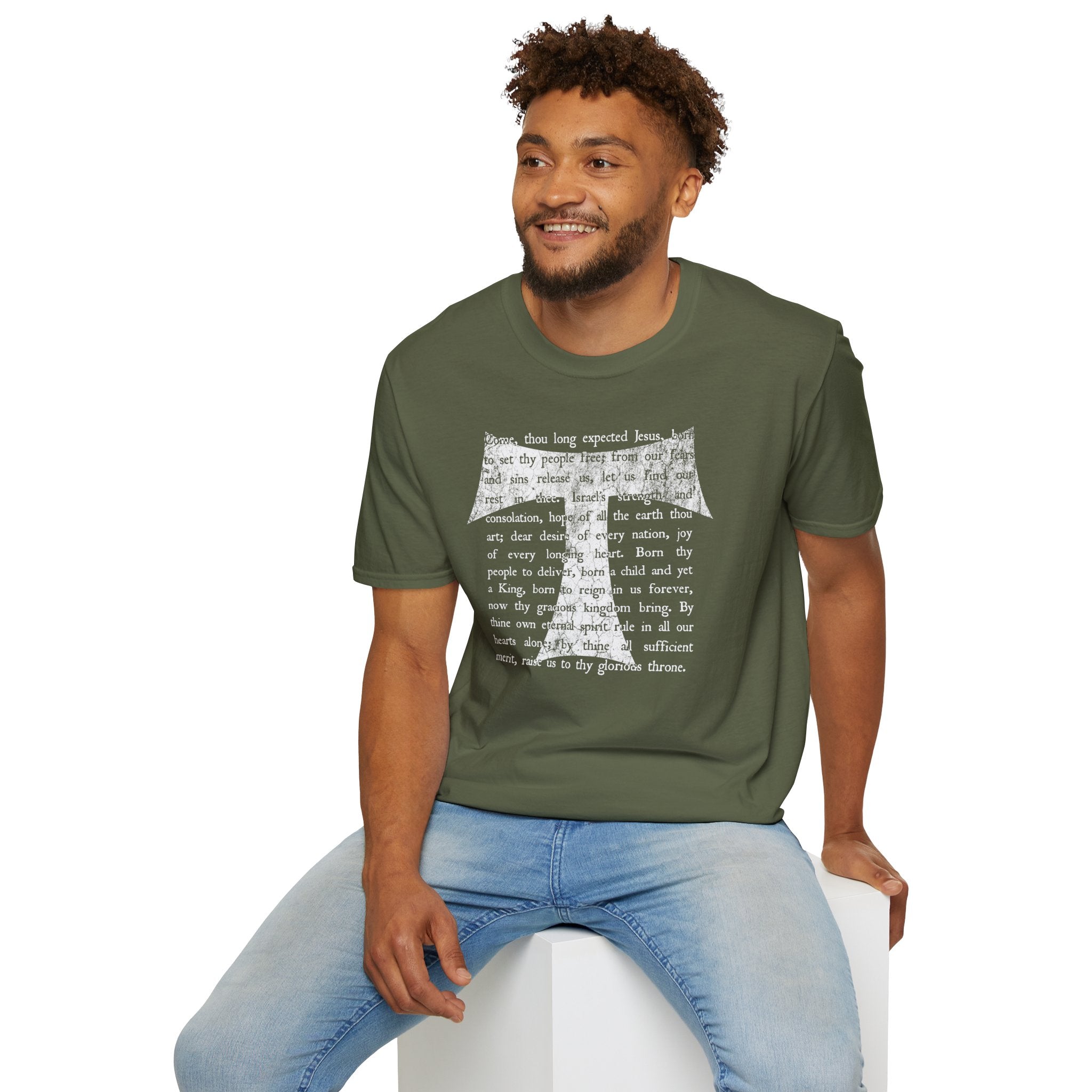 Christian Cross Text T-Shirt — ‘O Come, Thou Long Expected Jesus’ Hymn Print
