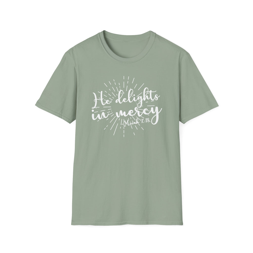 He Delights in Mercy T-Shirt — Micah 7:18 Christian Scripture Tee